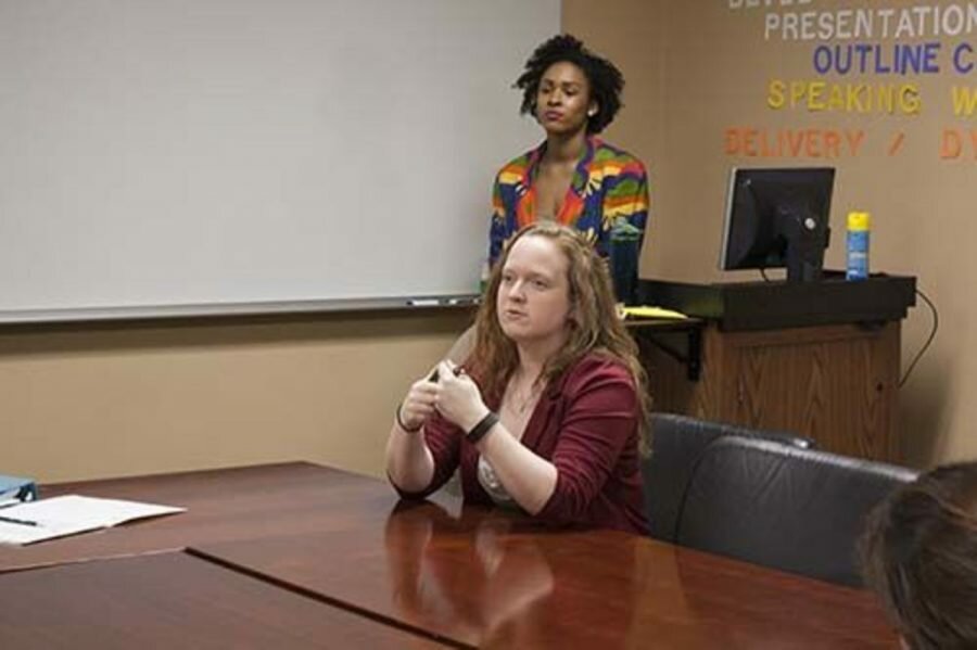 Victoria Ellison (front) and Bianca Porter are anxious to help students. 