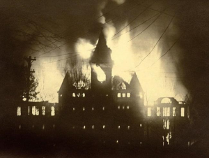 Henderson is facing challenging times once more, as in this Feb. 3, 1914 photo of the university on fire from the HSU Archives.