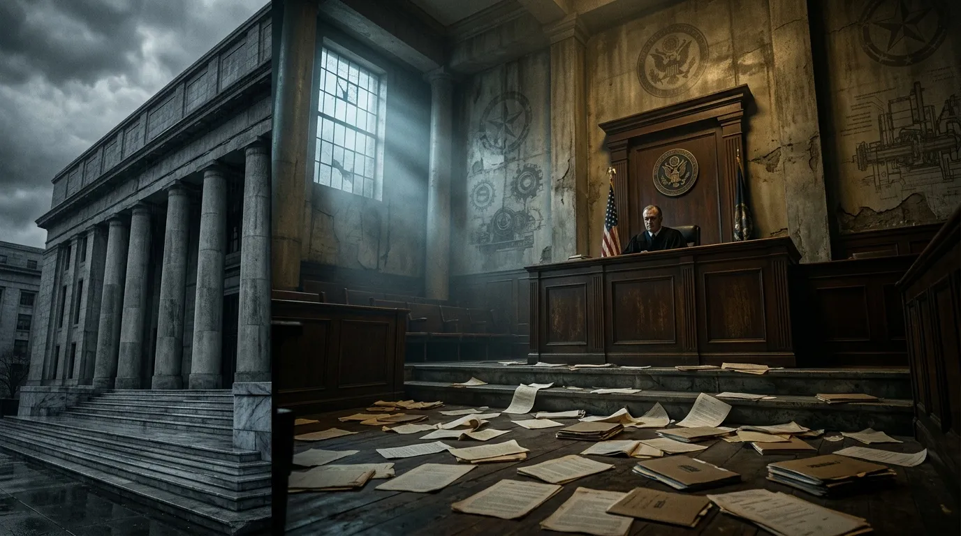 Juge seul dans une salle de tribunal abandonnée et en décadence