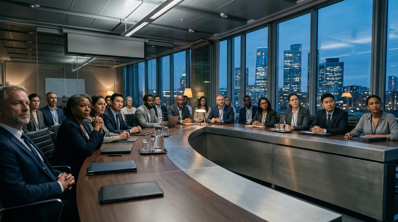Professionnels réunis autour d'une table dans une salle moderne avec vue sur gratte-ciel