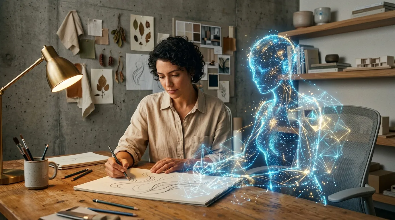 Femme designer sketching avec hologramme IA futuriste