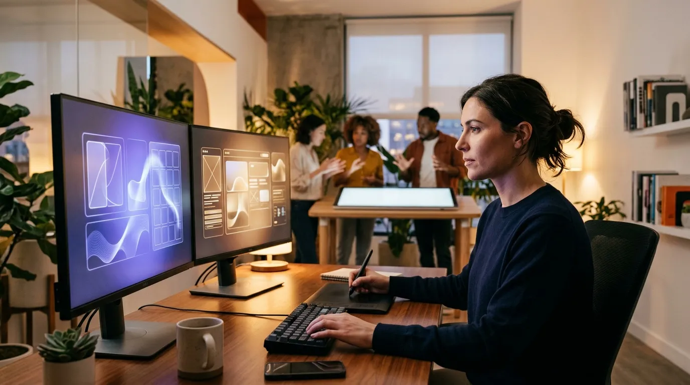 Femme designer utilisant tablette graphique devant moniteurs