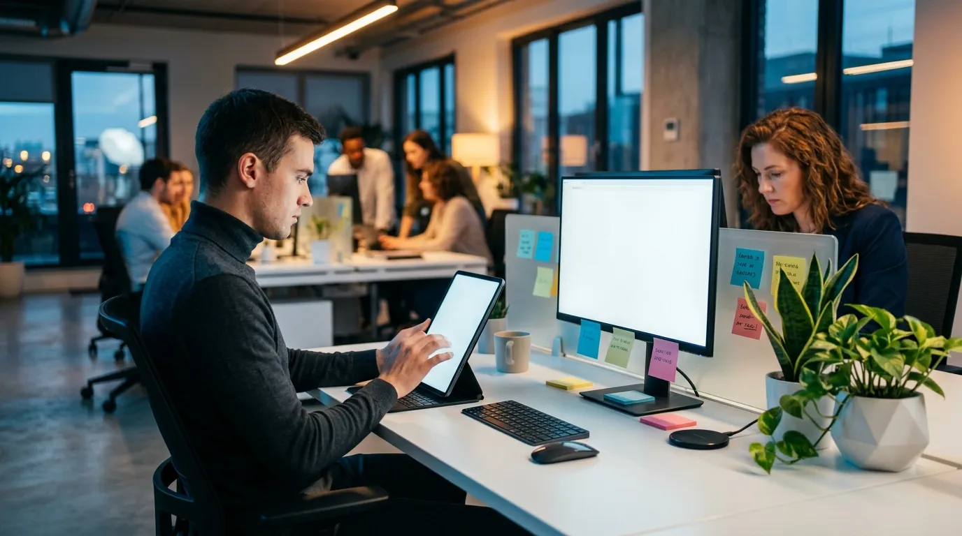 Deux professionnels travaillent ensemble à leurs bureaux dans un bureau moderne