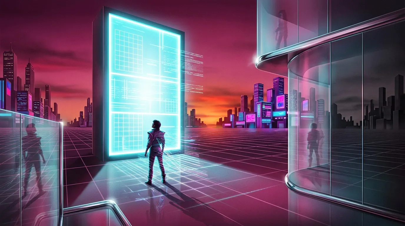 Personnage face &agrave; portail luminescent dans ville futuriste n&eacute;on