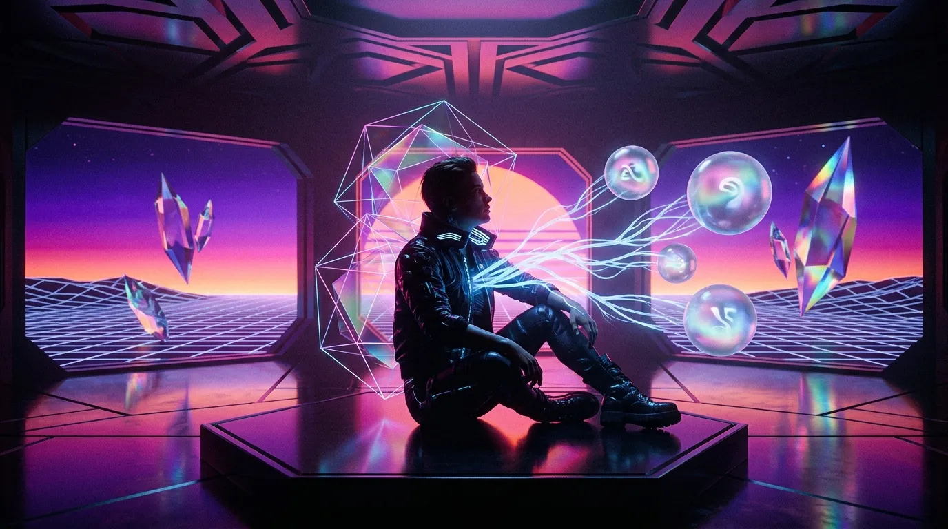 Silhouette futuriste dans environnement n&eacute;on et holographique