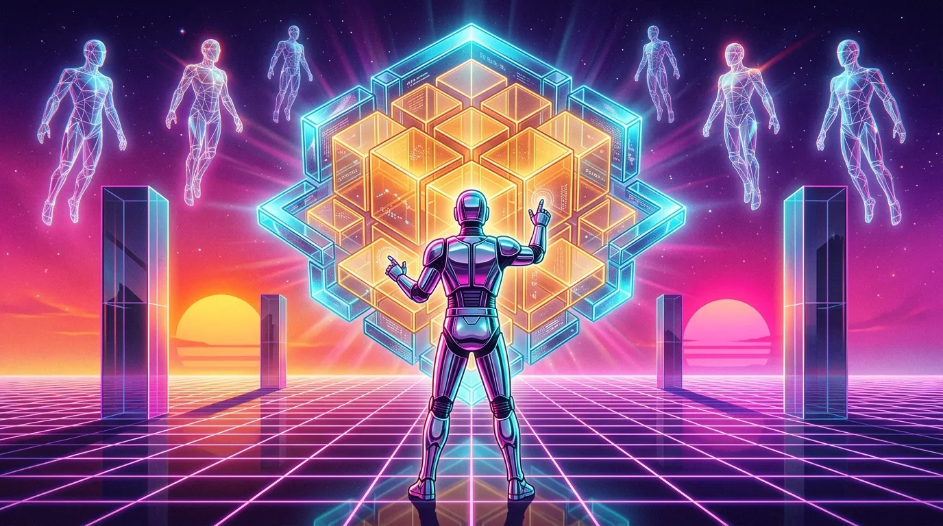 Robot futuriste face à structure géométrique brillante et avatars numériques