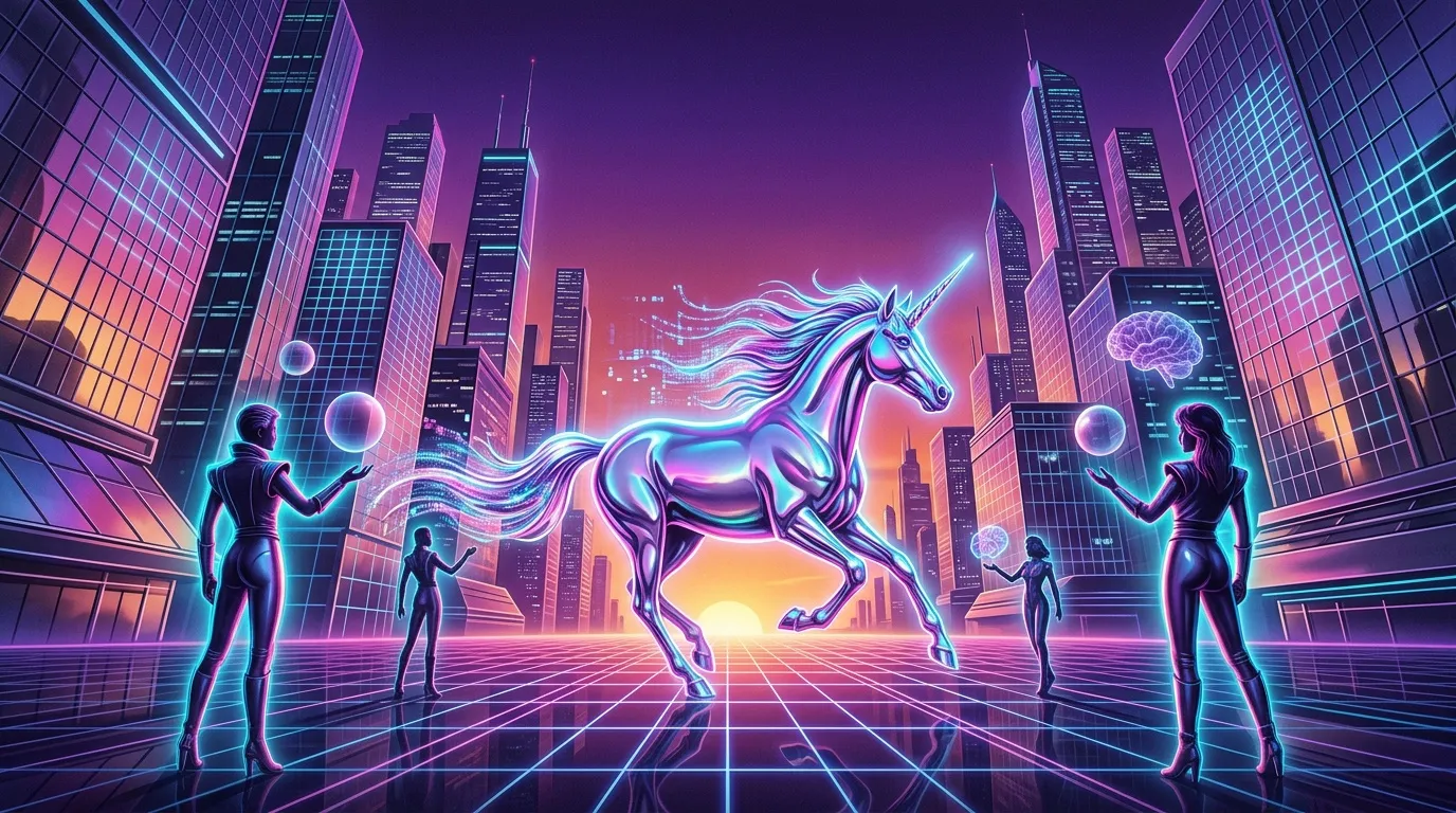 Licorne n&eacute;on entour&eacute;e de figures humaines fluorescentes en ville futuriste