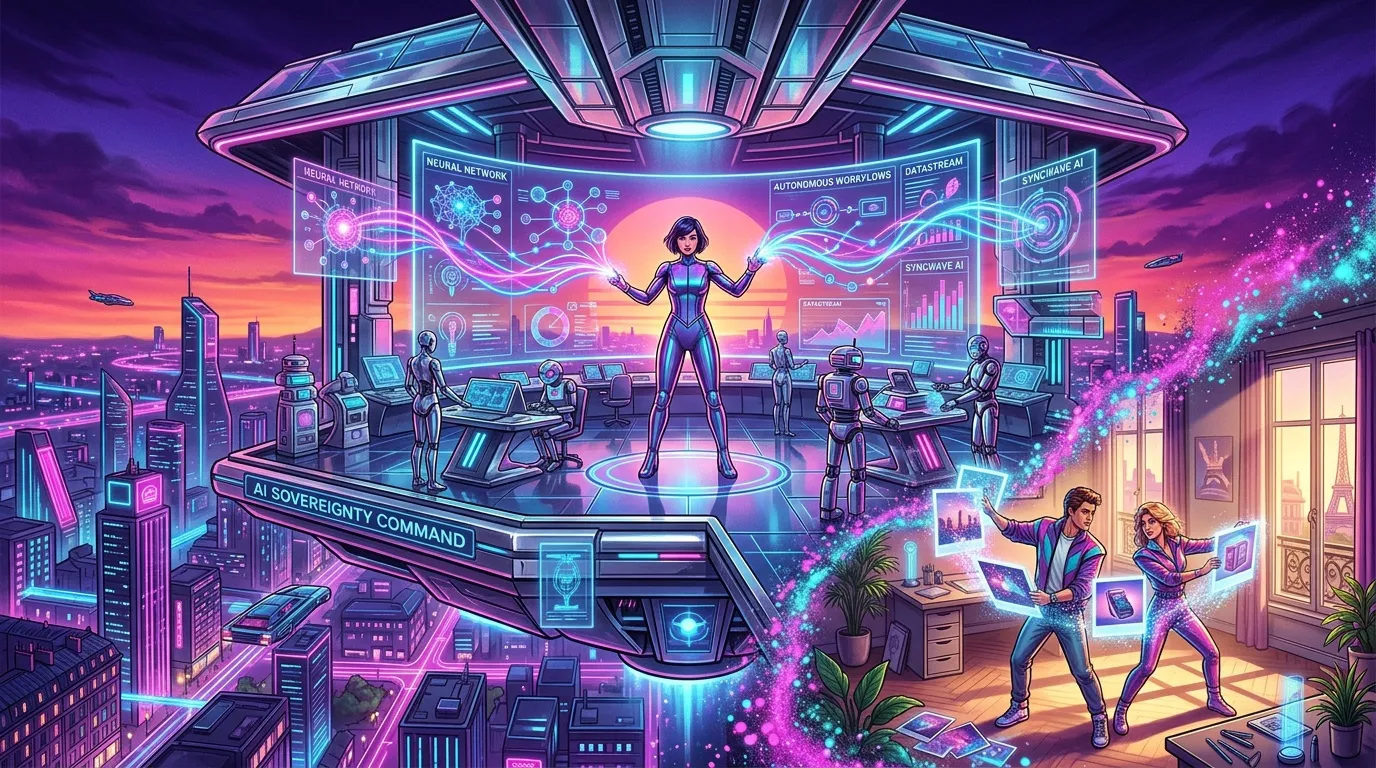 Femme contr&ocirc;lant r&eacute;seau IA dans ville cyberpunk futuriste