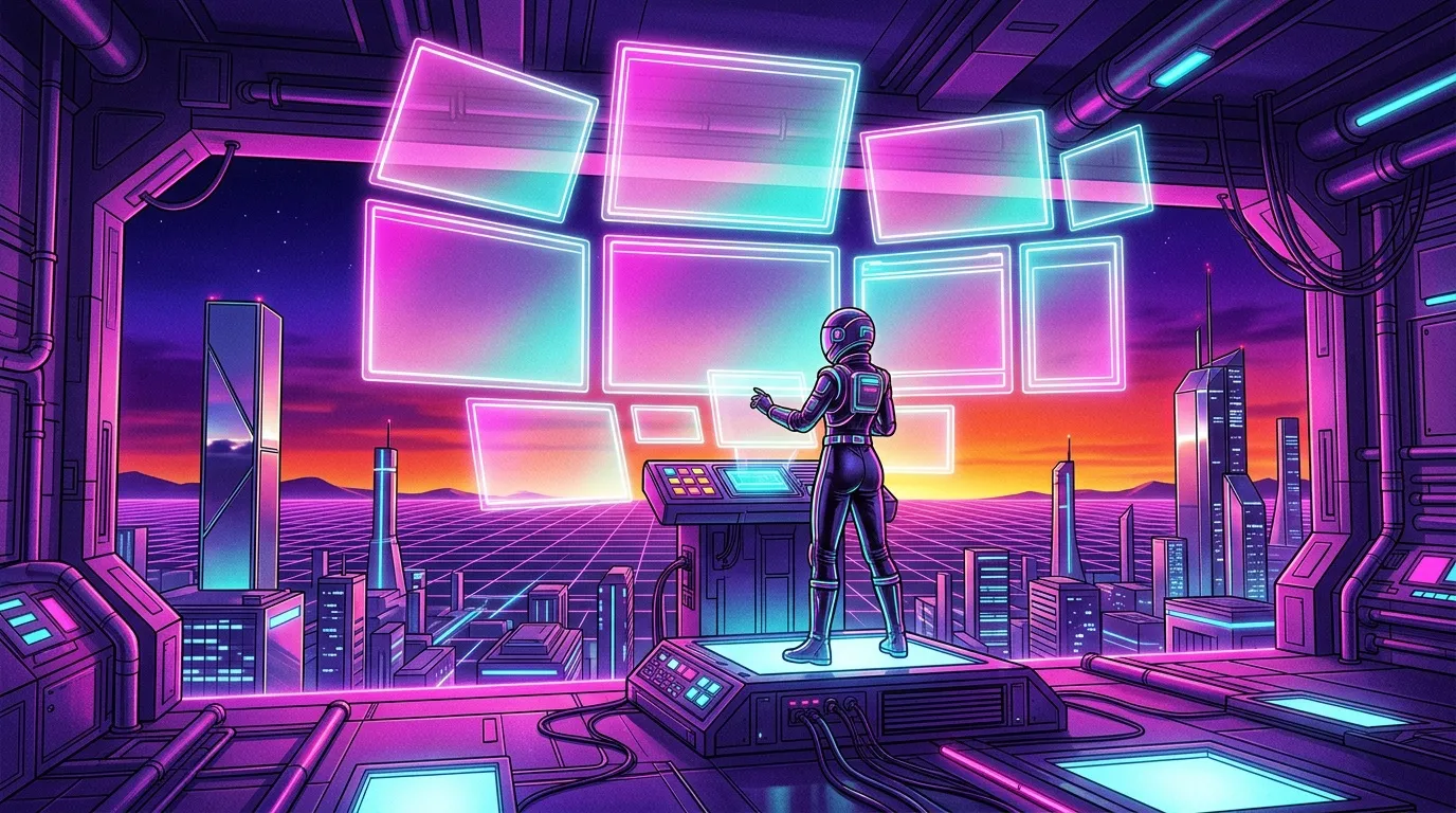 Robot debout devant écrans luminescents rose-cyan dans métropole synthétique