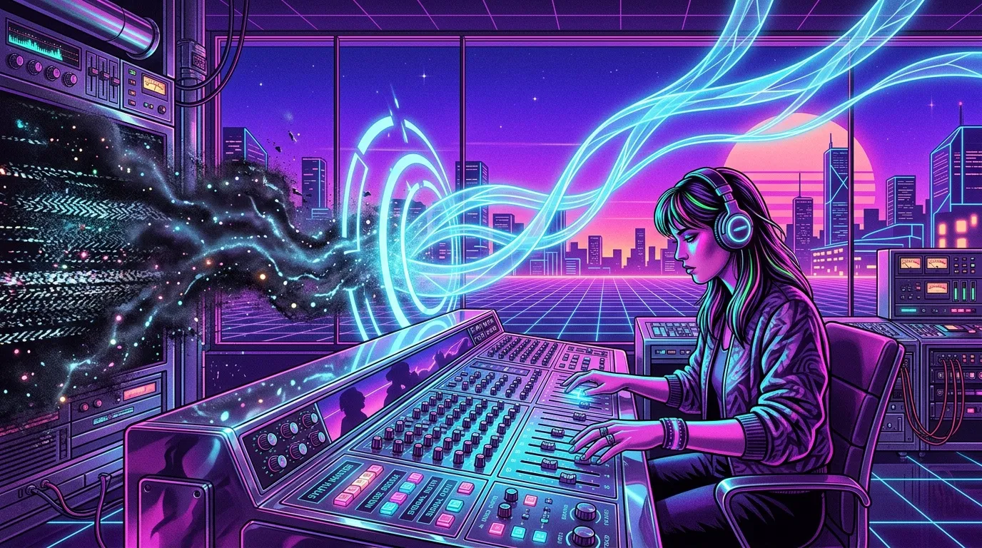 Femme productrice musicale travaillant &agrave; la console dans un environnement cyberpunk futuriste.