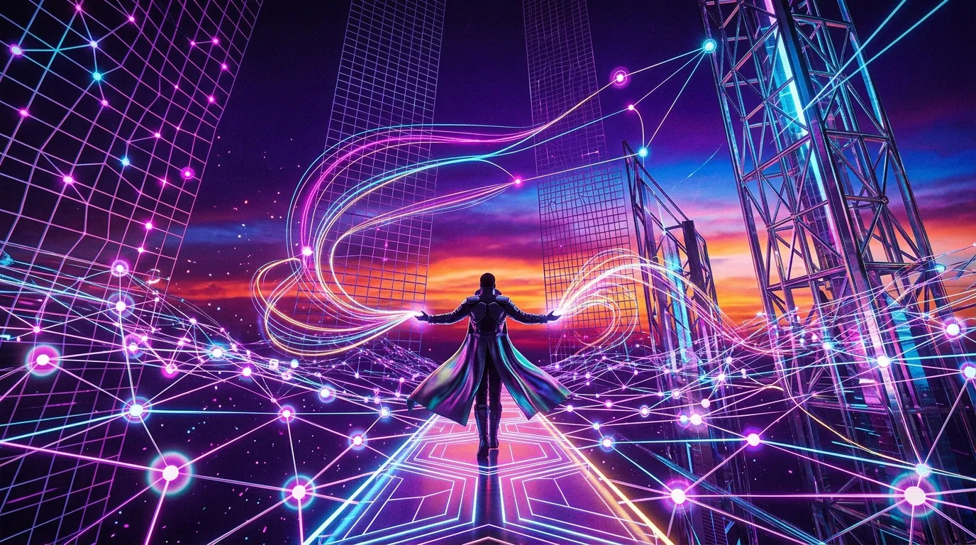 Figure silhouette neon au c&oelig;ur ville futuriste illumin&eacute;e