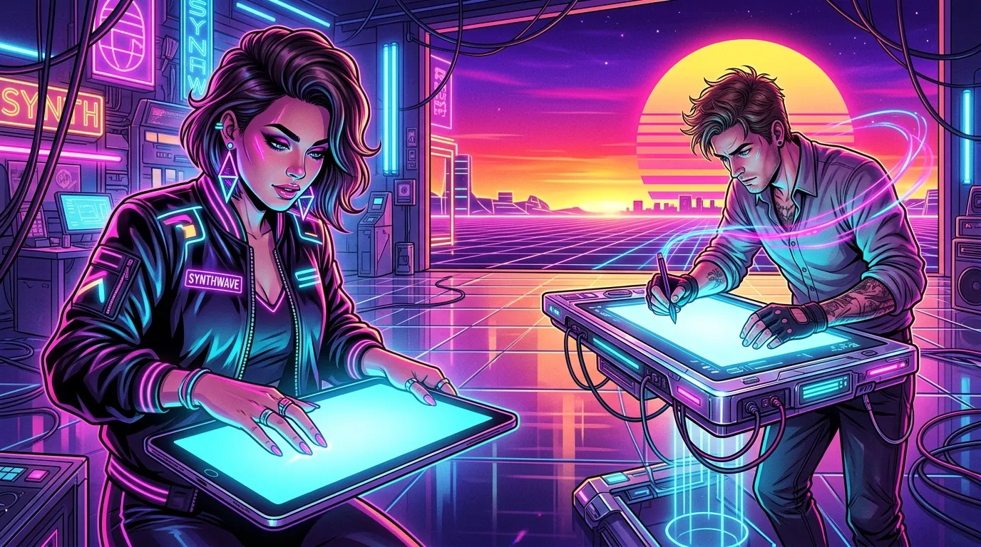 Deux artistes num&eacute;riques travaillent sur des tablettes lumineuses futuristes