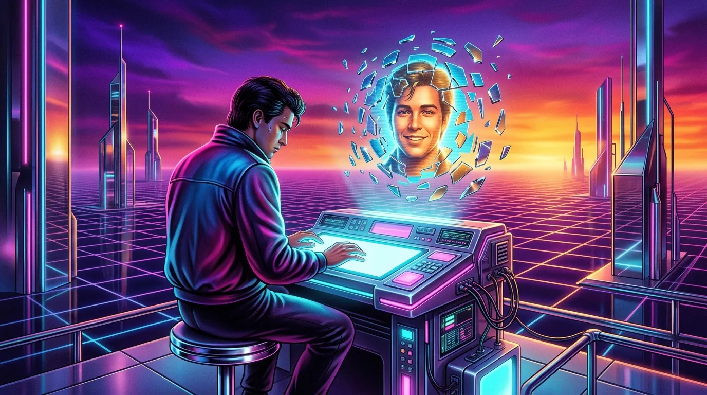 Homme cr&eacute;ant un avatar num&eacute;rique dans un environnement cyberpunk futuriste