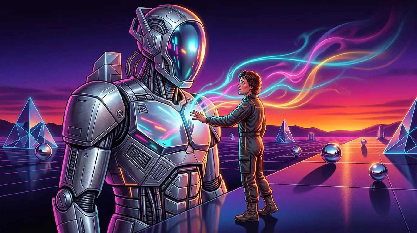 Humain et robot brillant communiquent dans paysage n&eacute;on cyberpunk