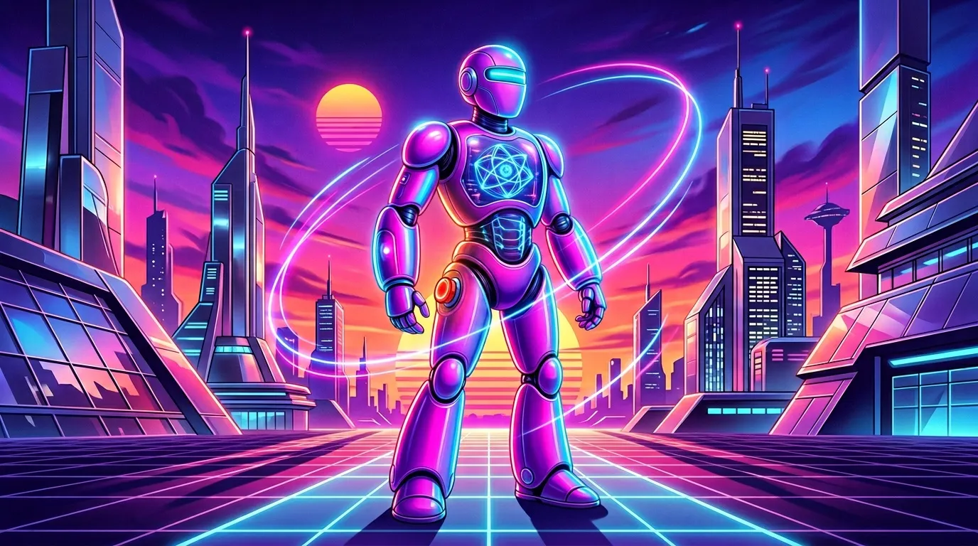 Robot luminescent rose debout dans une m&eacute;tropole futuriste neon