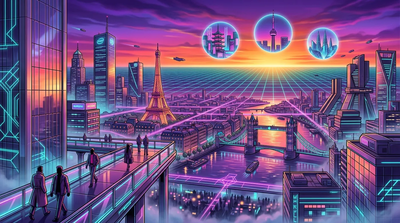 Ville cyberpunk avec gratte-ciel n&eacute;on et monuments iconiques