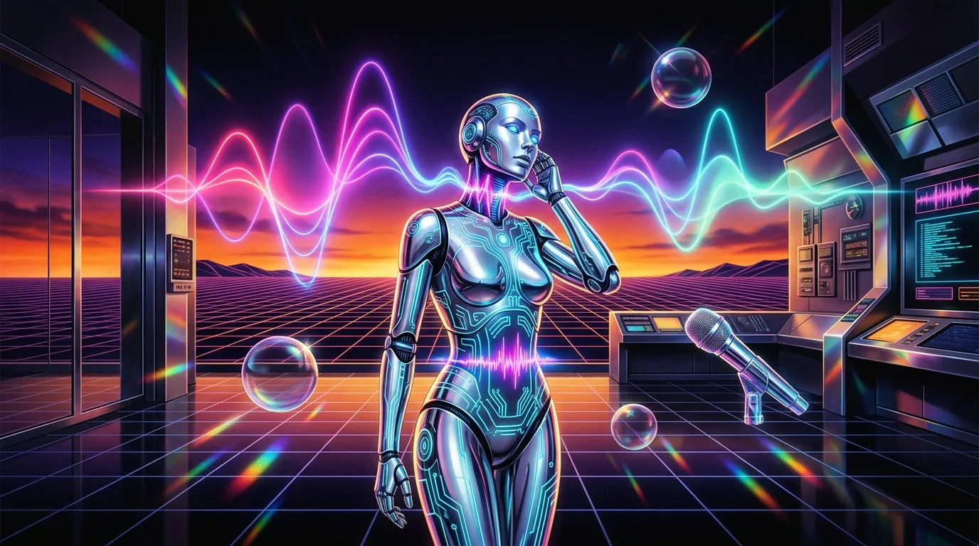 Robot femme brillant entour&eacute; d'ondes sonores color&eacute;es neon