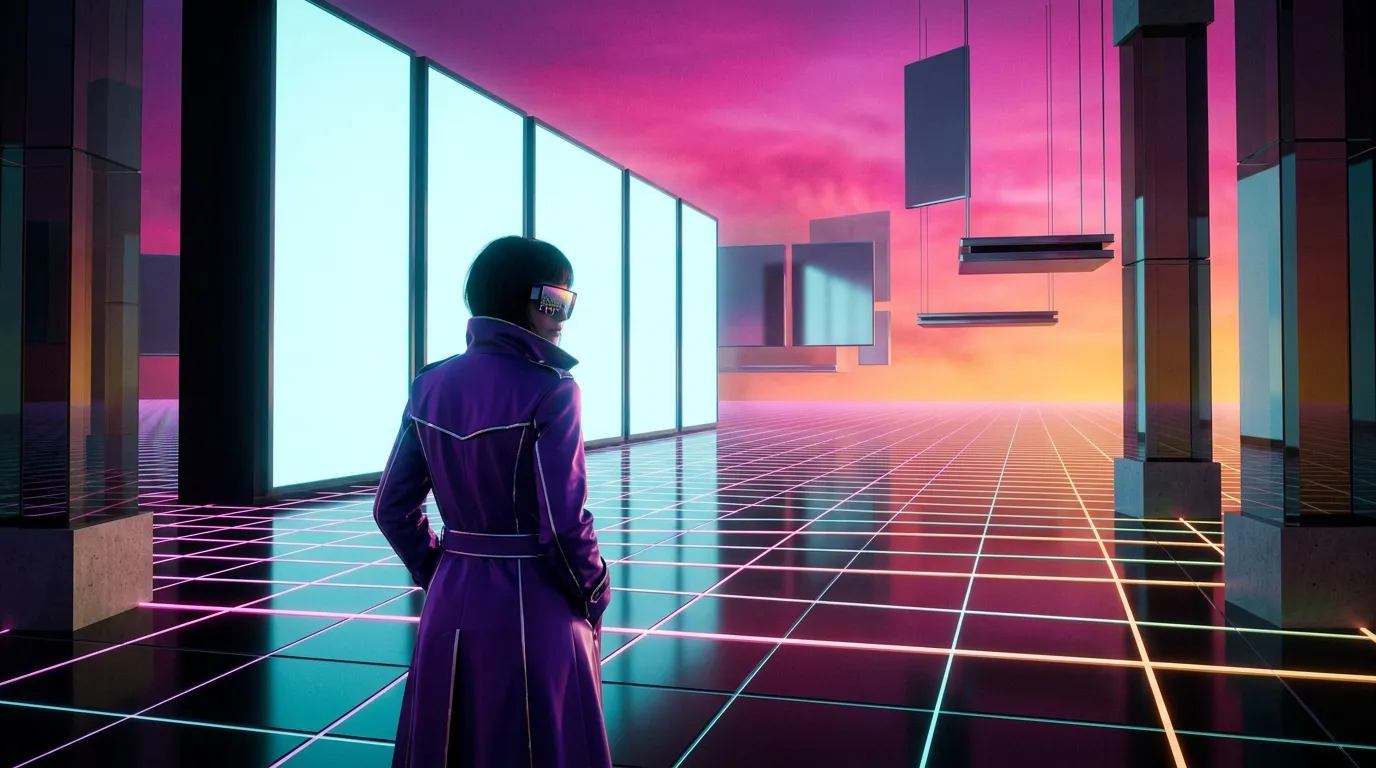 Personnage futuriste observant un paysage de néons roses et bleus
