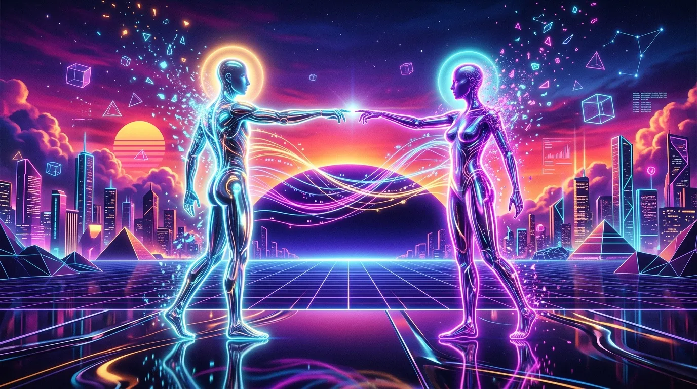 Deux figures num&eacute;riques brillantes se connectent dans un paysage cybern&eacute;tique futuriste.