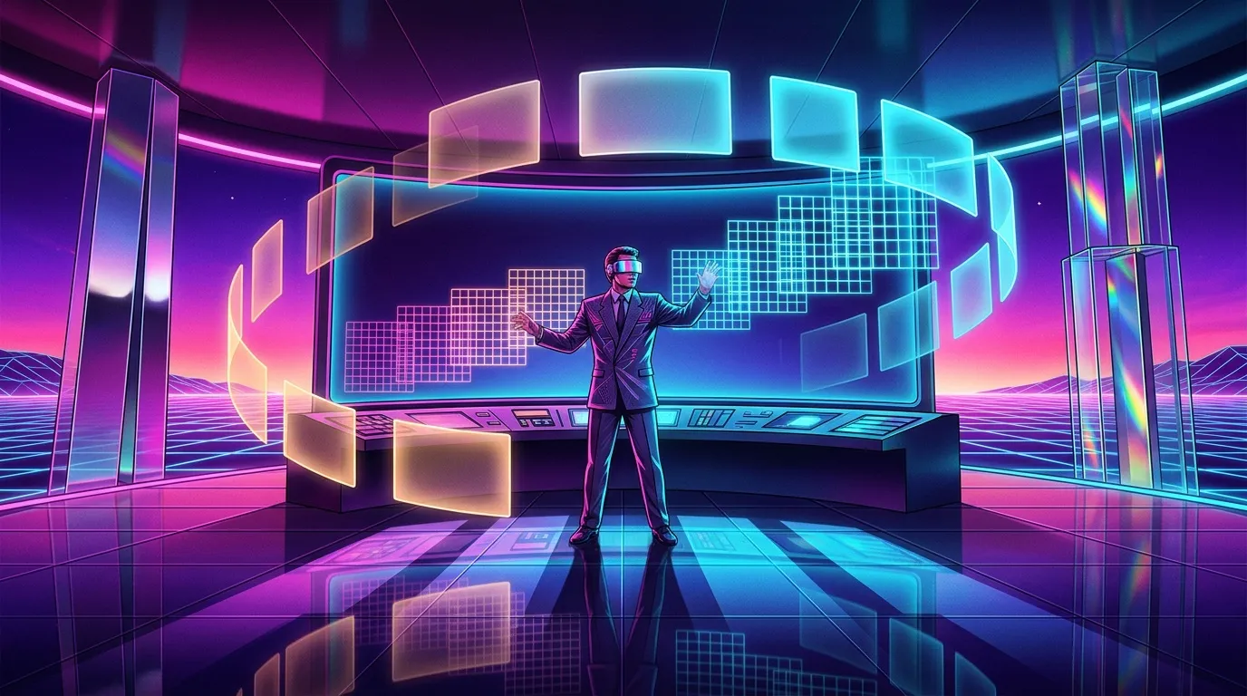 Homme en costume manipulant des interfaces num&eacute;riques holographiques n&eacute;on