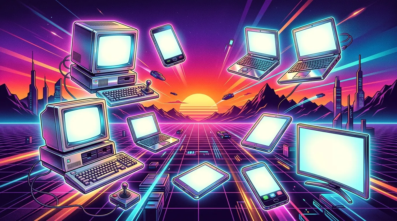 Appareils technologiques brillants dans univers n&eacute;on color&eacute;