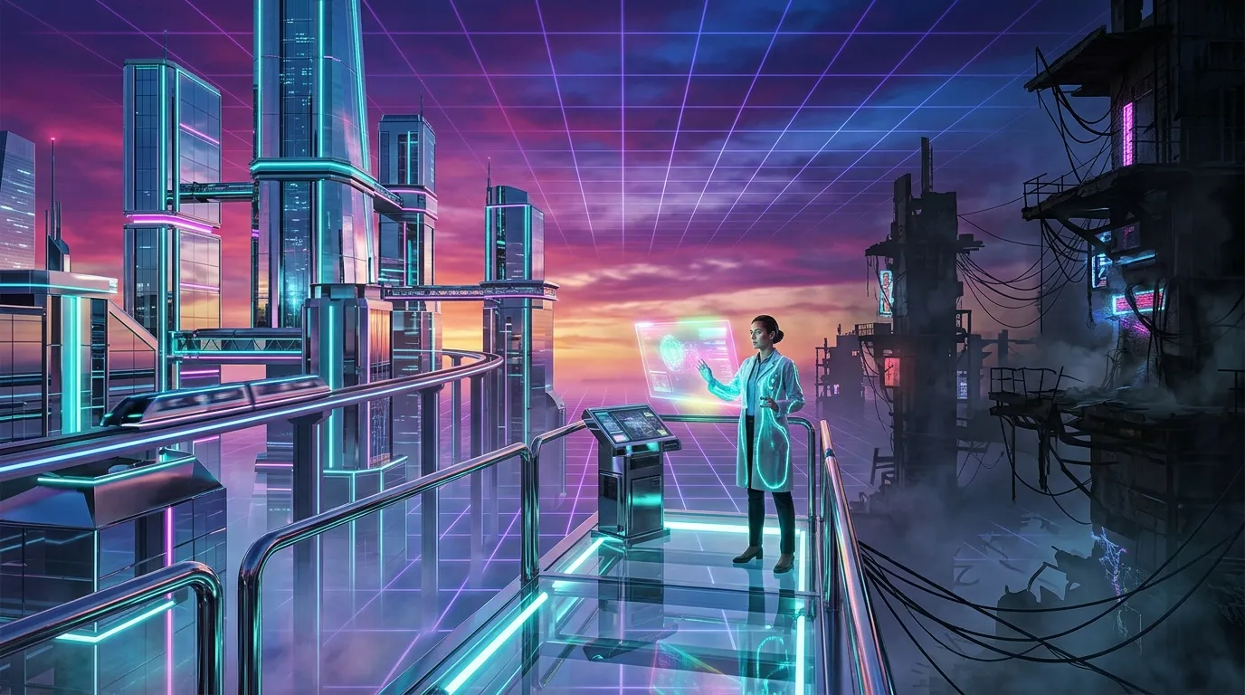 Femme scientifique interagissant avec interface holographique futuriste