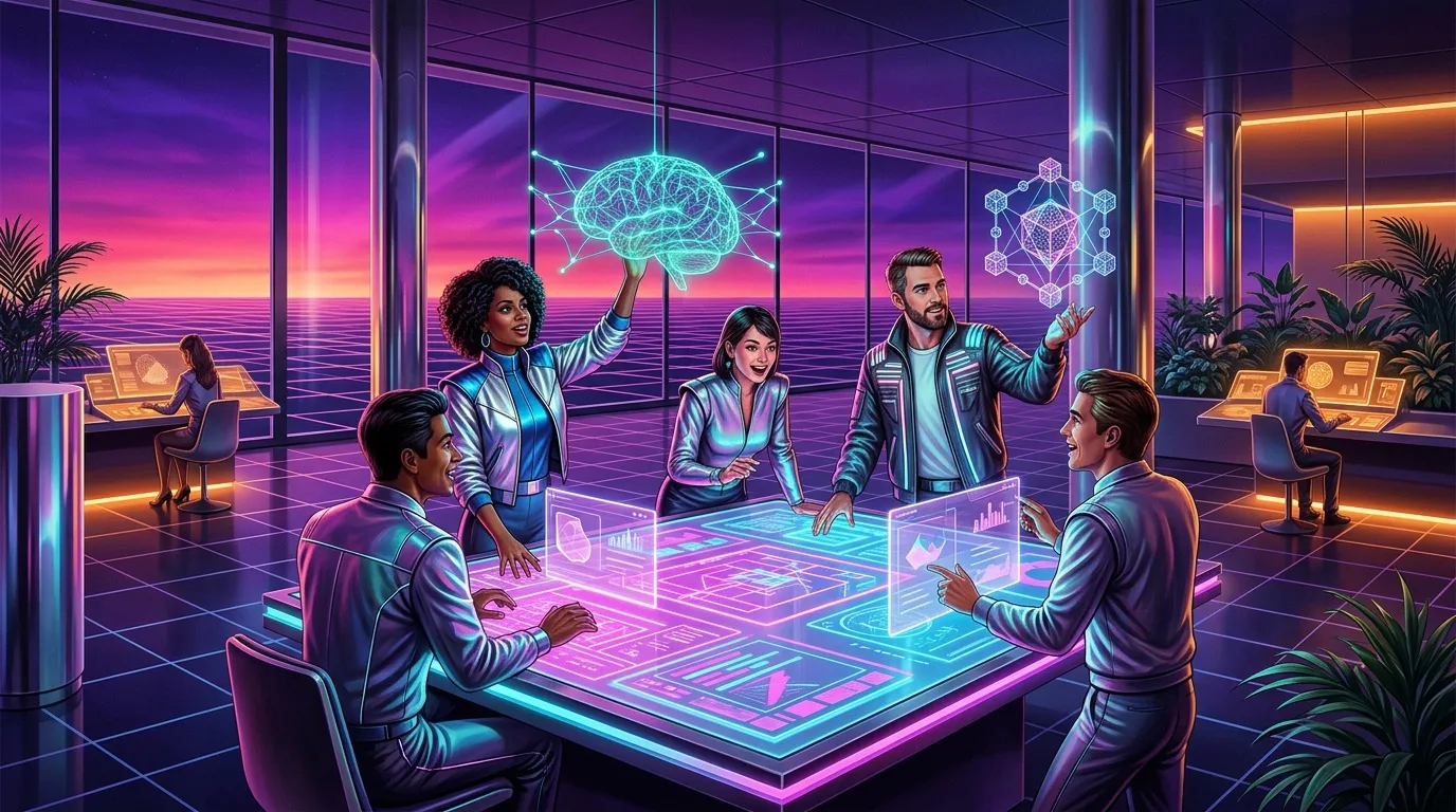 &Eacute;quipe discutant autour d'une table holographique brillante