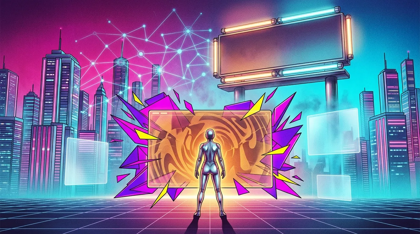 Figure humanoïde argentée devant écran géant neon cyberpunk