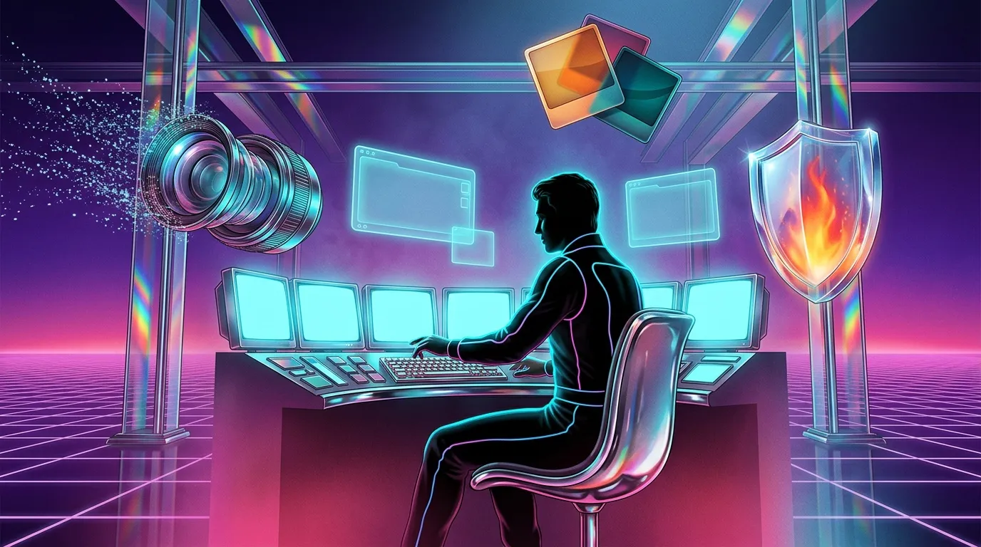 Homme travaillant sur ordinateur dans environnement cybern&eacute;tique futuriste