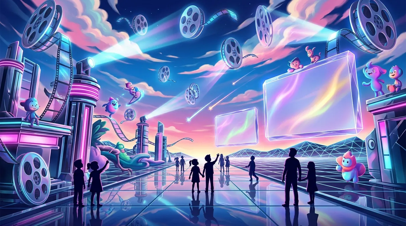 Ville futuriste avec projections cinématographiques et personnages animés.