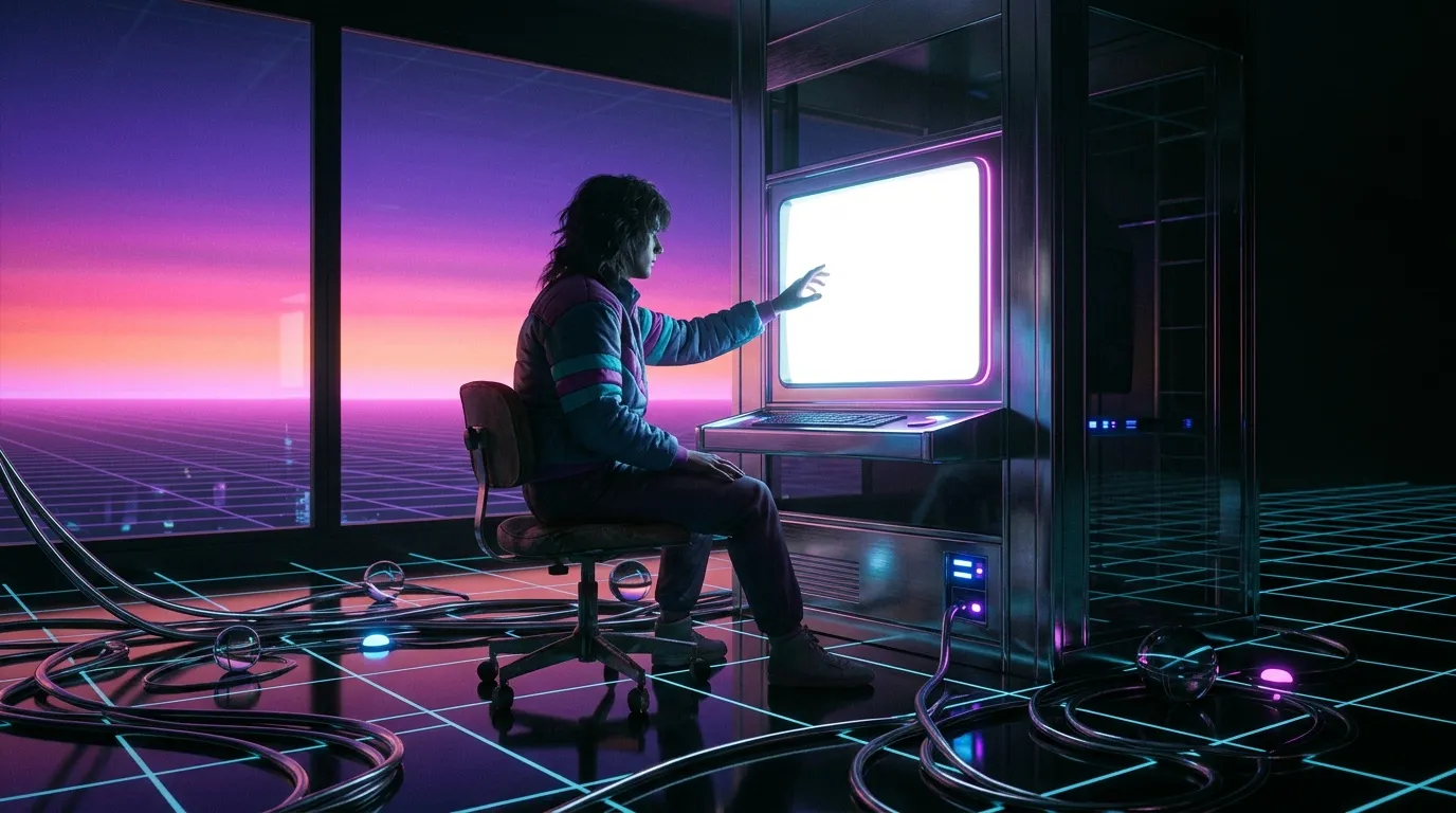 Personne interagissant avec écran dans univers cyberpunk luminescent