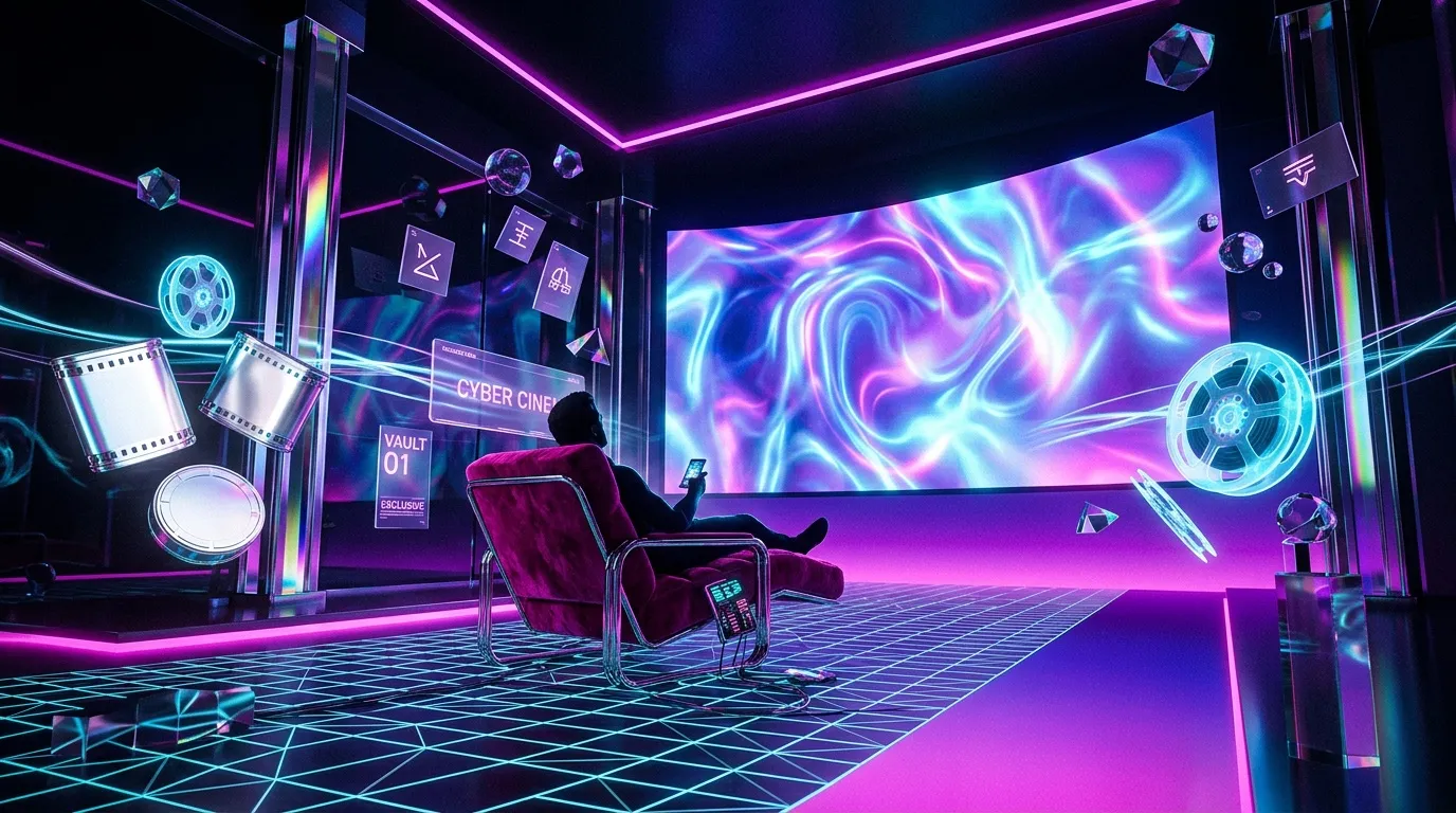 Personne dans salle cin&eacute;ma virtuelle avec &eacute;cran holographique color&eacute;