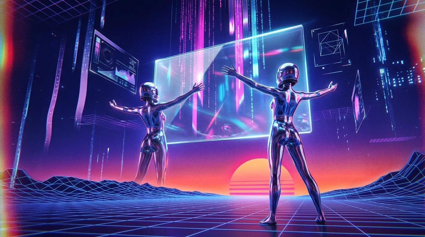 Deux figures m&eacute;talliques dans paysage cyberpunk luminescent.