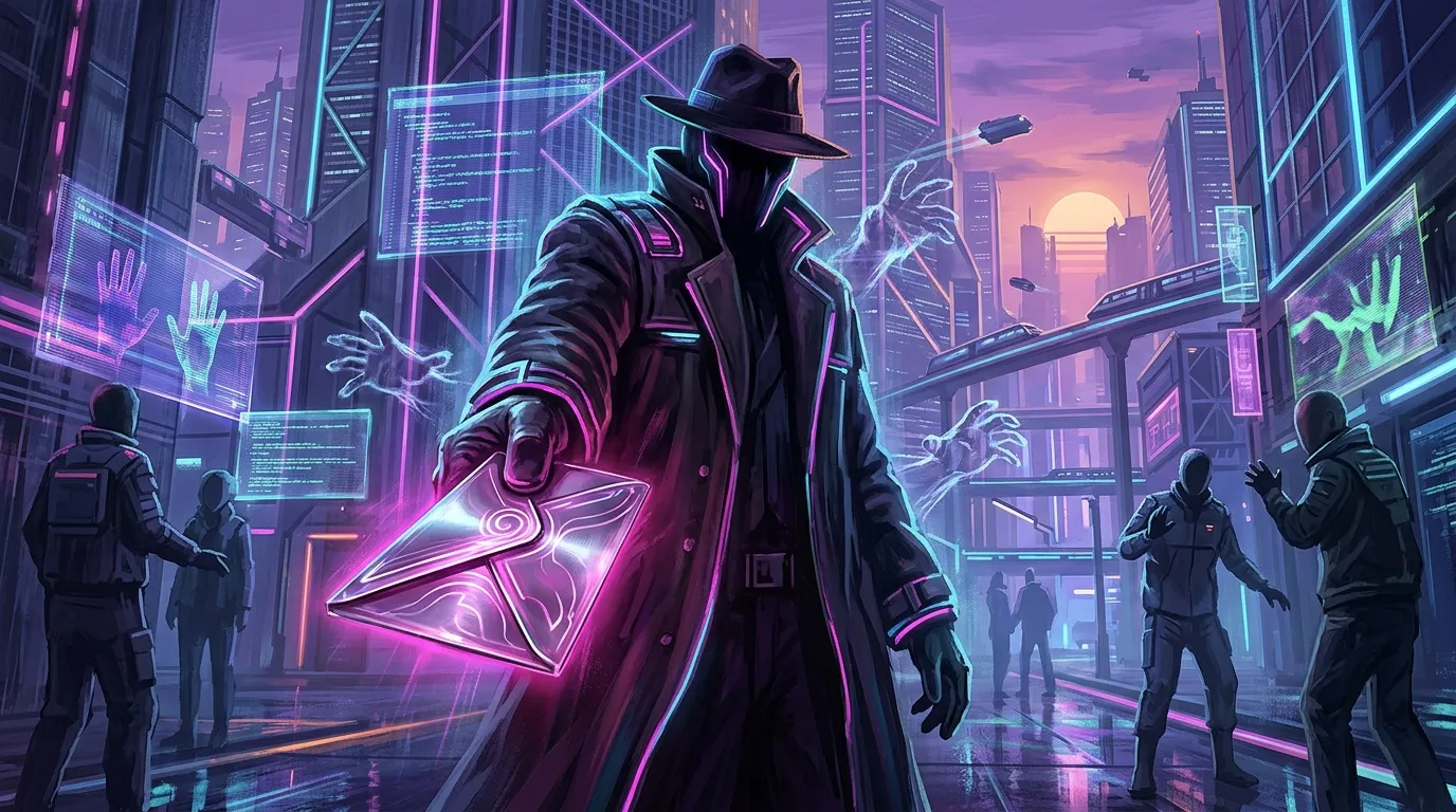 Personnage futuriste avec carte néon dans ville cyberpunk