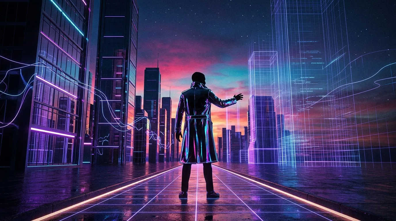 Silhouette futuriste dans ville néon illuminée nuit