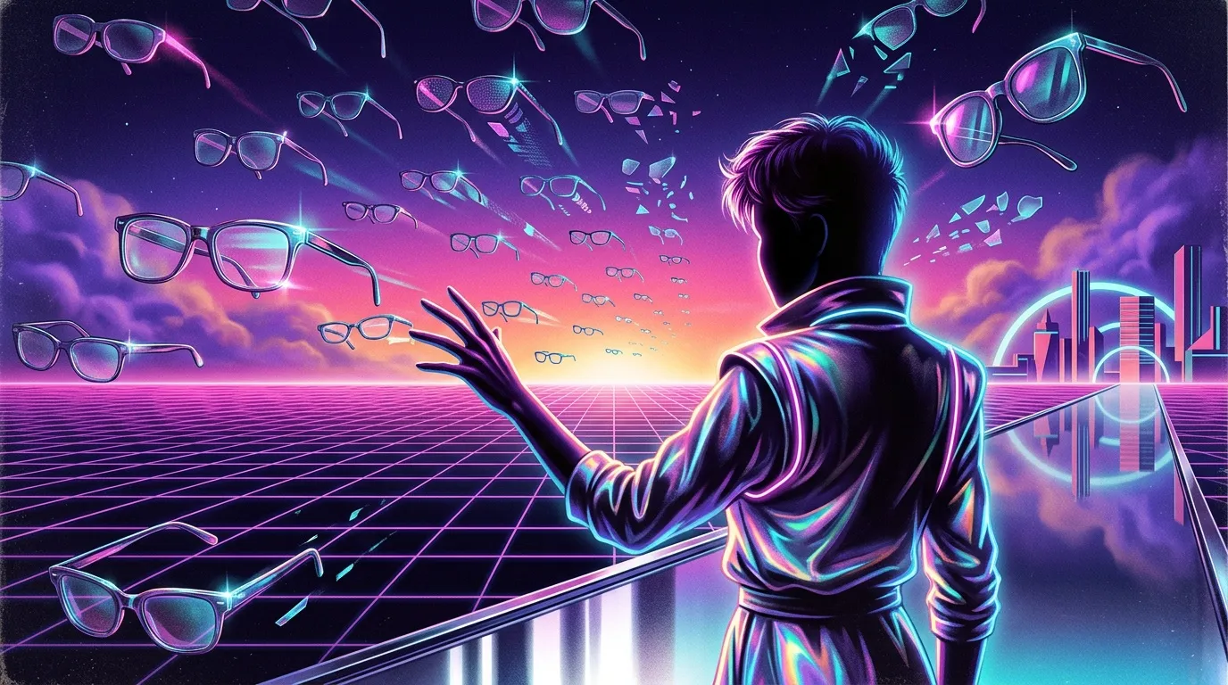 Silhouette neon levant la main vers des lunettes flottantes futuristes