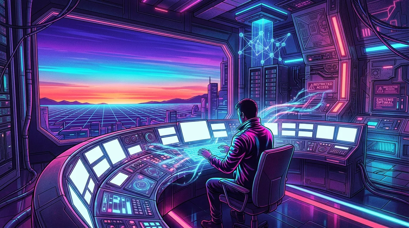 Homme travaillant dans une salle de contr&ocirc;le cyberpunk avec n&eacute;ons et &eacute;crans