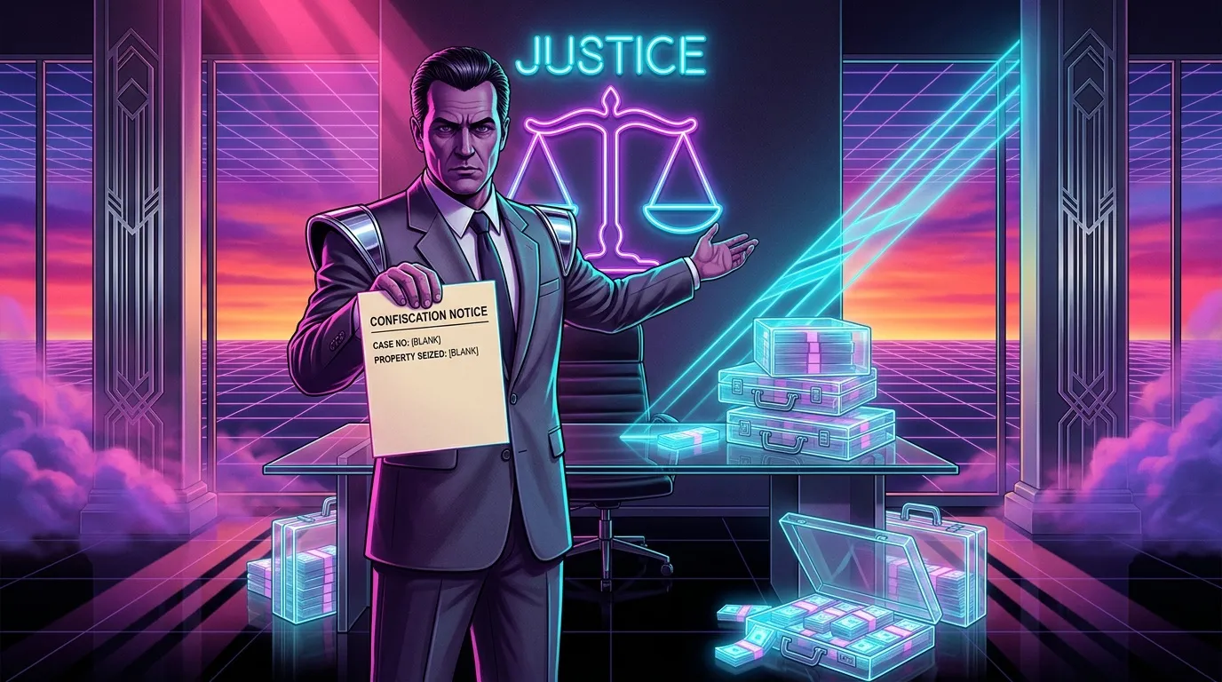 Homme en costume tenant avis de saisie dans bureau futuriste n&eacute;on
