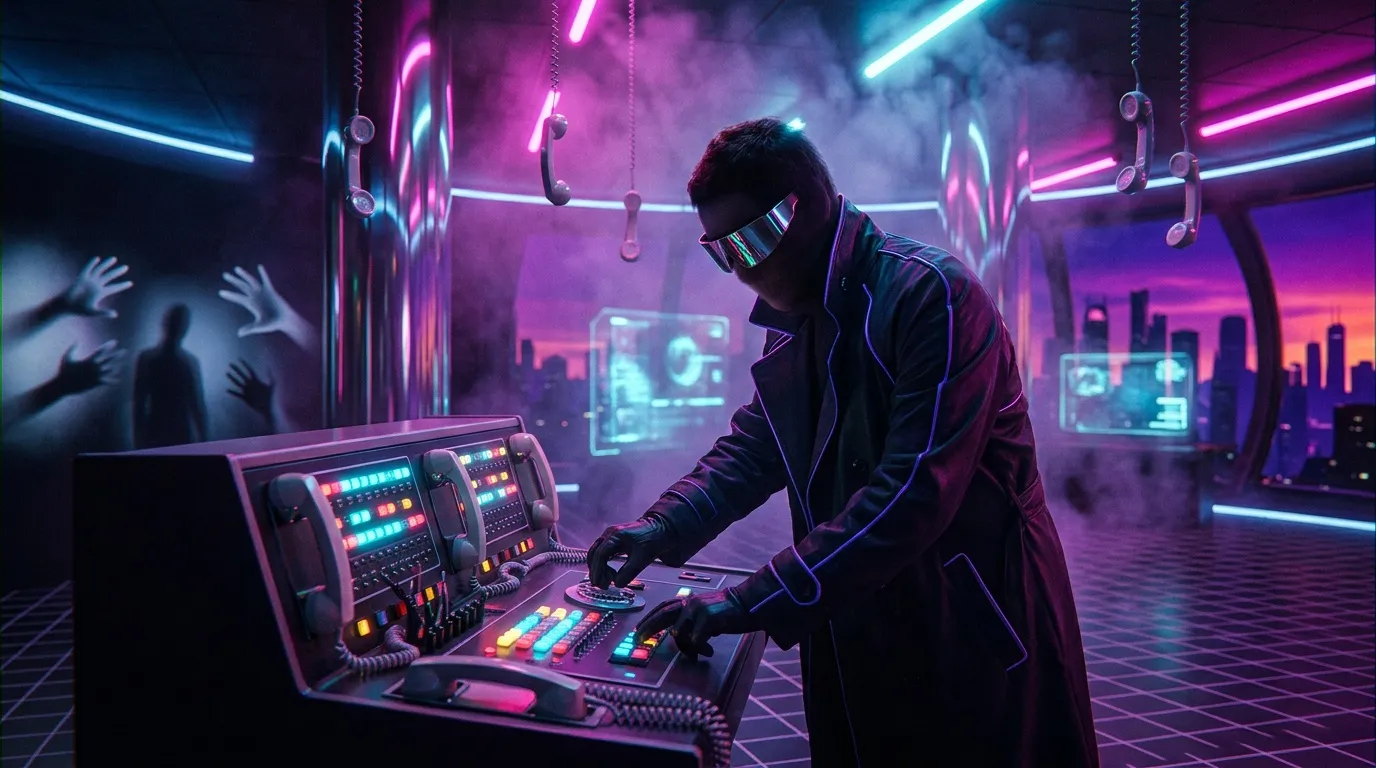 DJ casqu&eacute; manipulant console musicale dans d&eacute;cor n&eacute;on cyberpunk