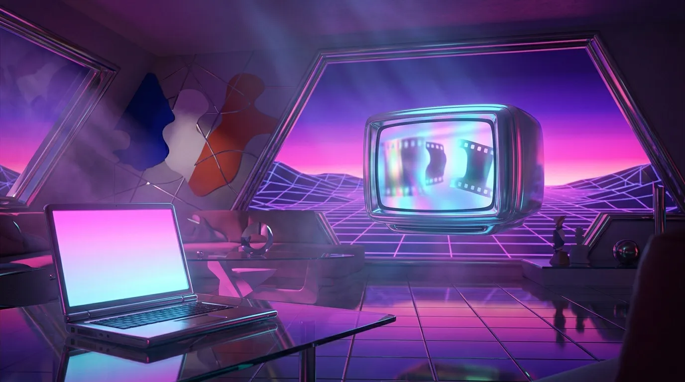 Chambre futuriste avec &eacute;crans luminescents et ambiance cyberpunk violette