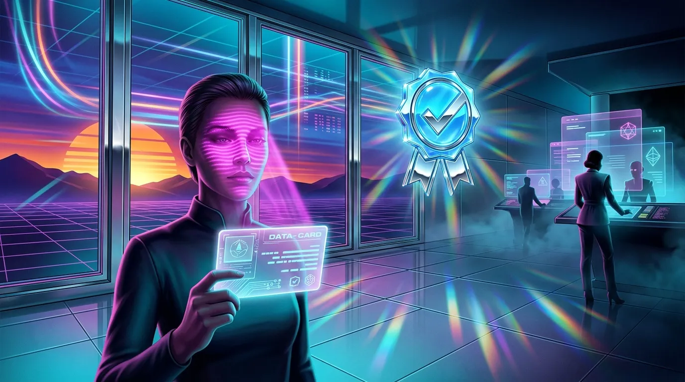 Personne tenant carte donn&eacute;es avec badge certification holographique