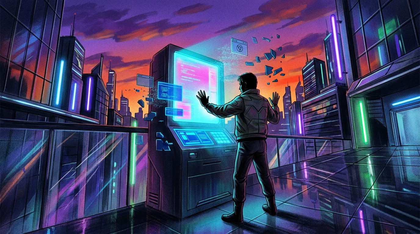 Homme interagissant avec &eacute;cran holographique futuriste neon