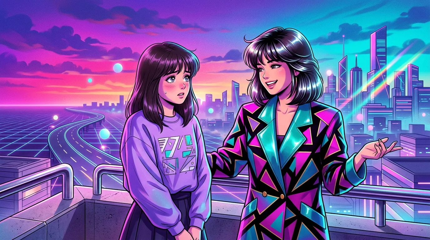 Deux jeunes femmes sur toit futuriste avec gratte-ciel neon