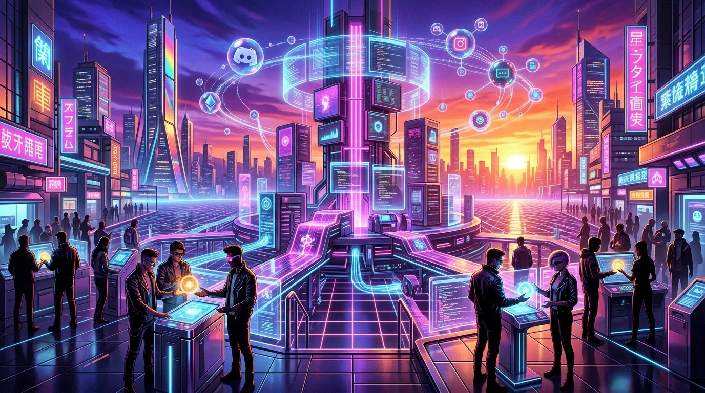 Ville cyberpunk avec gratte-ciels, n&eacute;ons roses et bleus, personnes interagissant avec la technologie