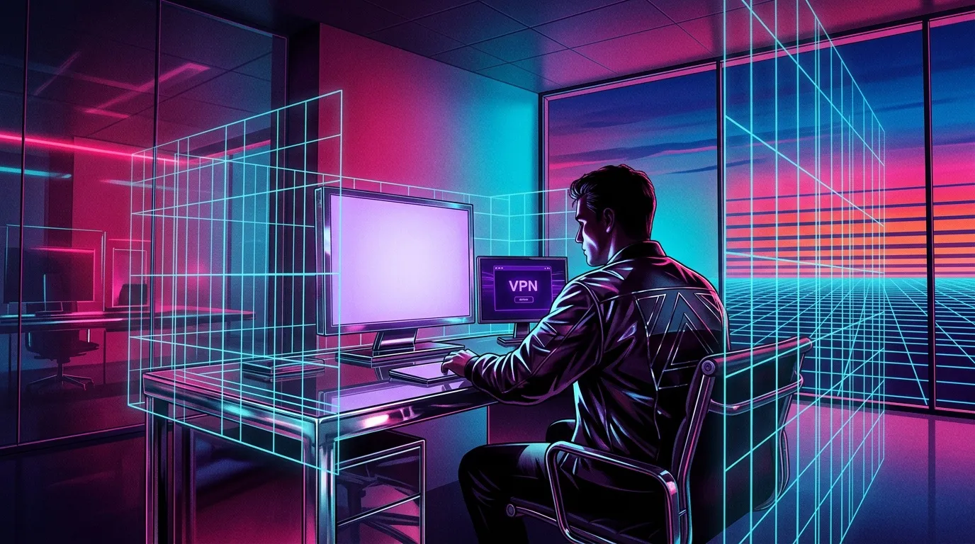 Homme utilisant VPN dans environnement n&eacute;on cyberpunk
