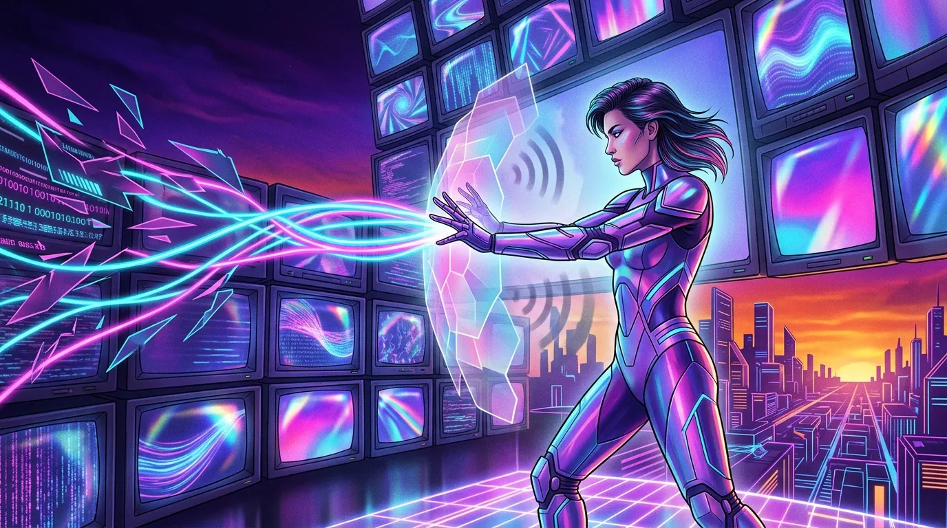 Femme cyborg en costume futuriste maniant l'&eacute;nergie num&eacute;rique