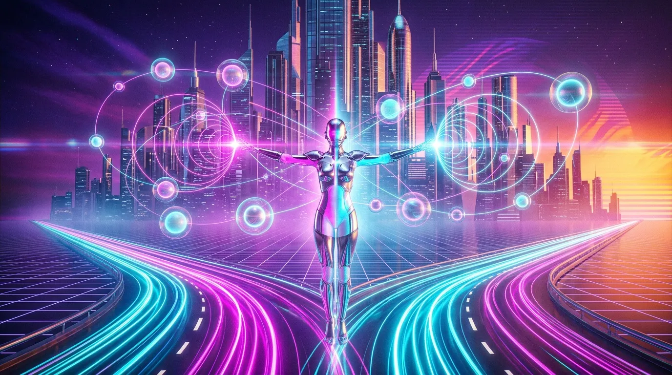 Robot humano&iuml;de luminescent dans ville cyberpunk futuriste