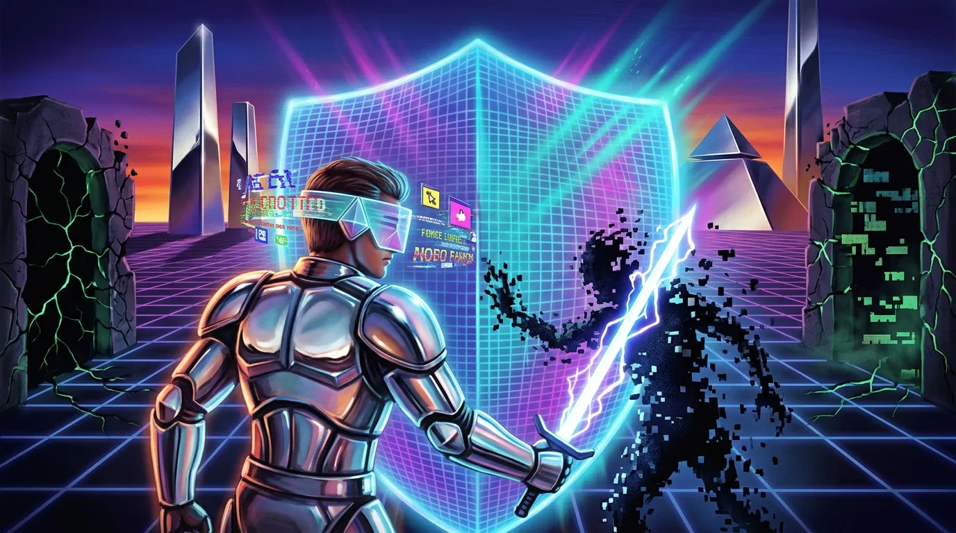 Guerrier en armure futuriste combat créature pixelisée dans univers cyberpunk