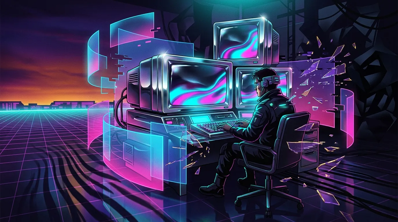 Développeur travaillant sur ordinateurs rétro-futuristes neon
