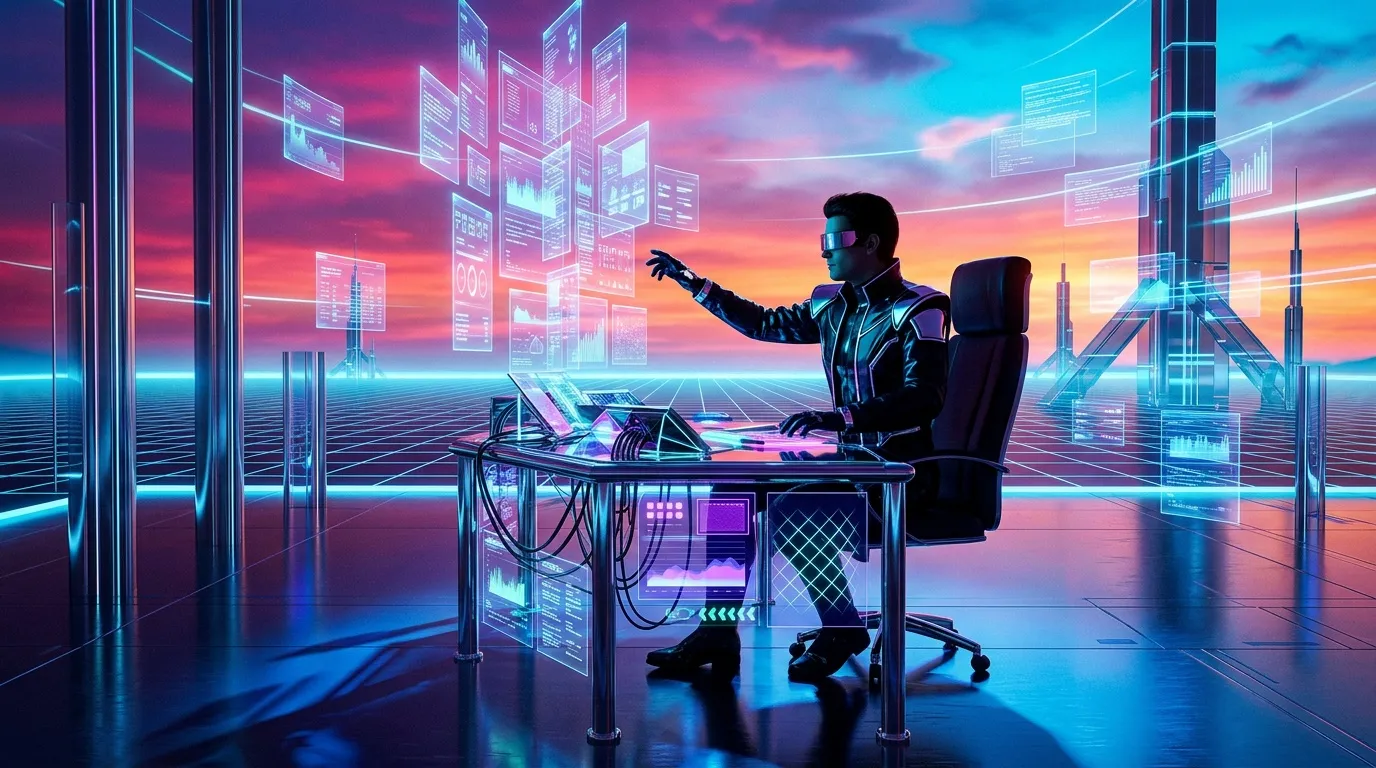 Personne en tenue technologique manipulant données virtuelles holographiques